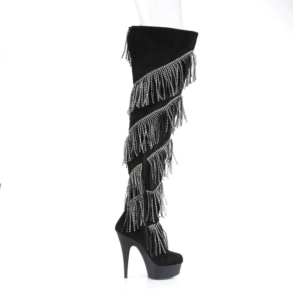Pleaser Black Over the Knee Fringe Boots